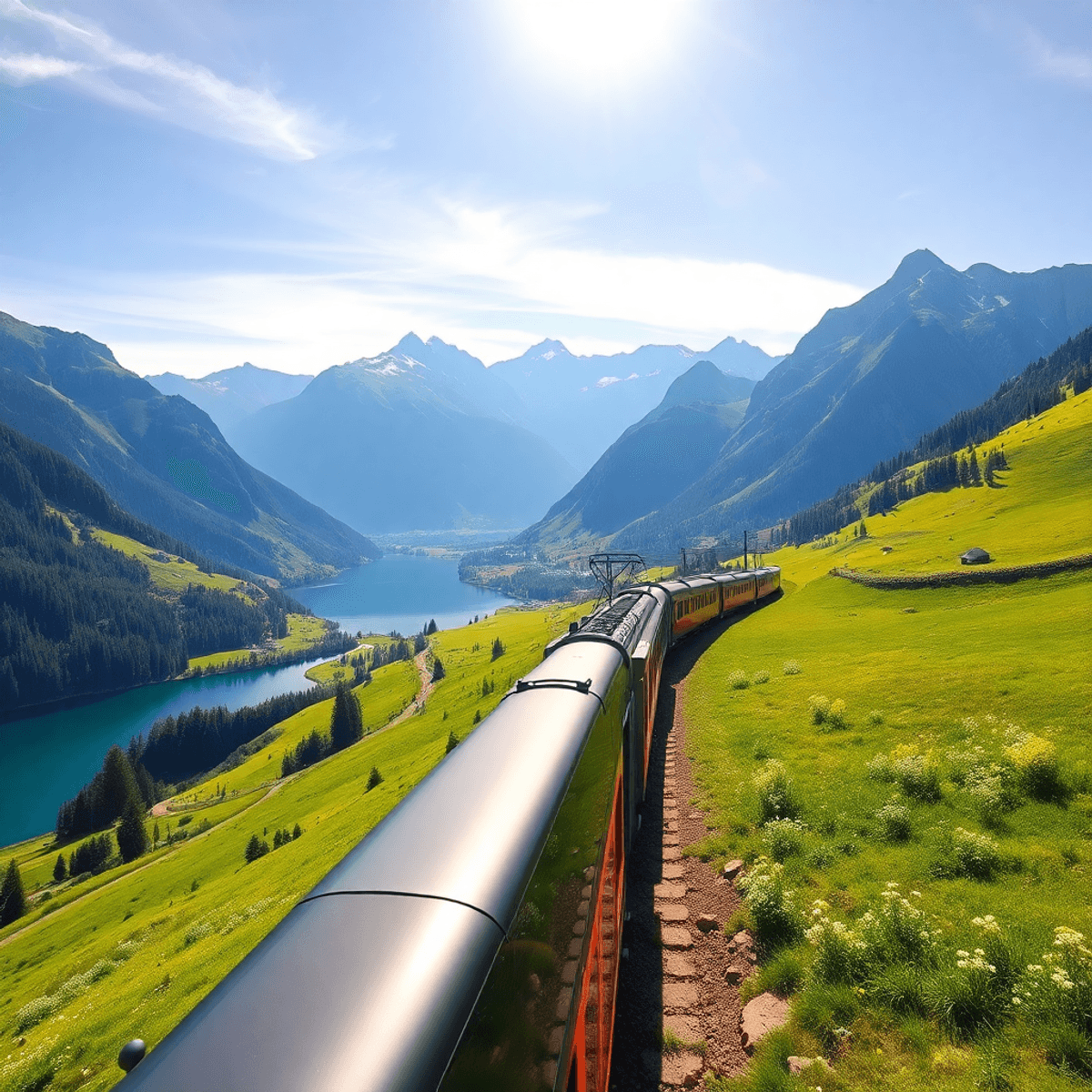 Panoramic view of a sleek train winding through Swiss alpine mountains with clear lakes, green meadows, wil...