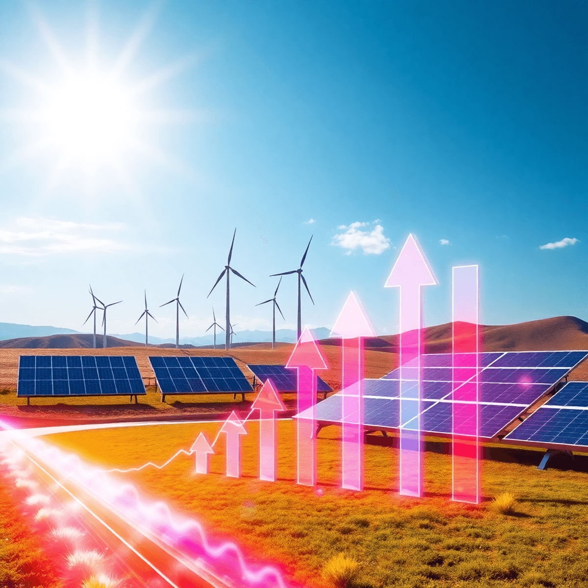 Futuristic landscape with wind turbines, solar panels, and glowing arrows and graphs symbolizing renewable ...