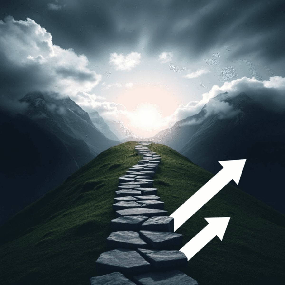 A winding mountain path ascending through varied weather, with sunlight breaking clouds at the horizon, fea...