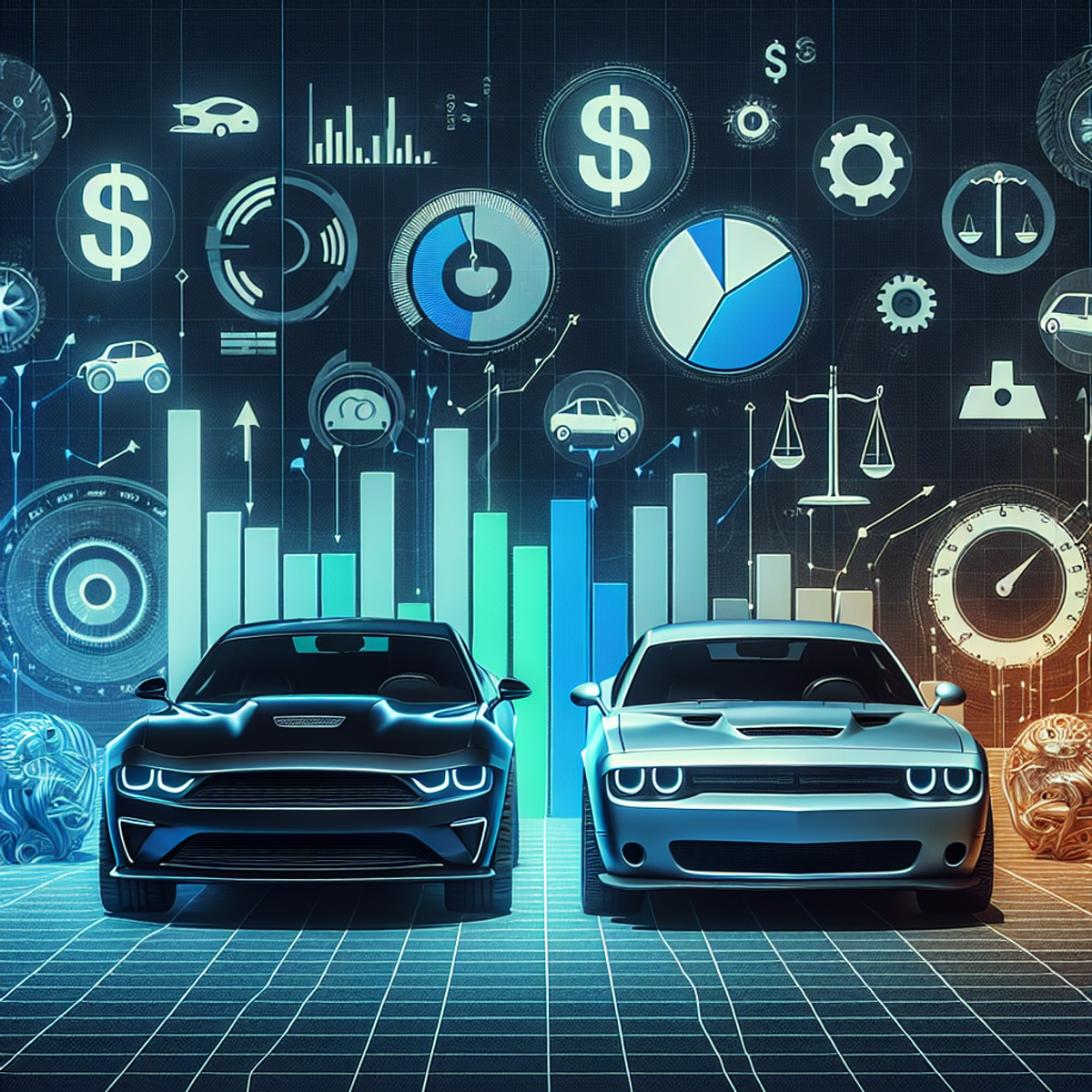 A modern, sleek electric car next to a classic muscle car with financial symbols in the background.