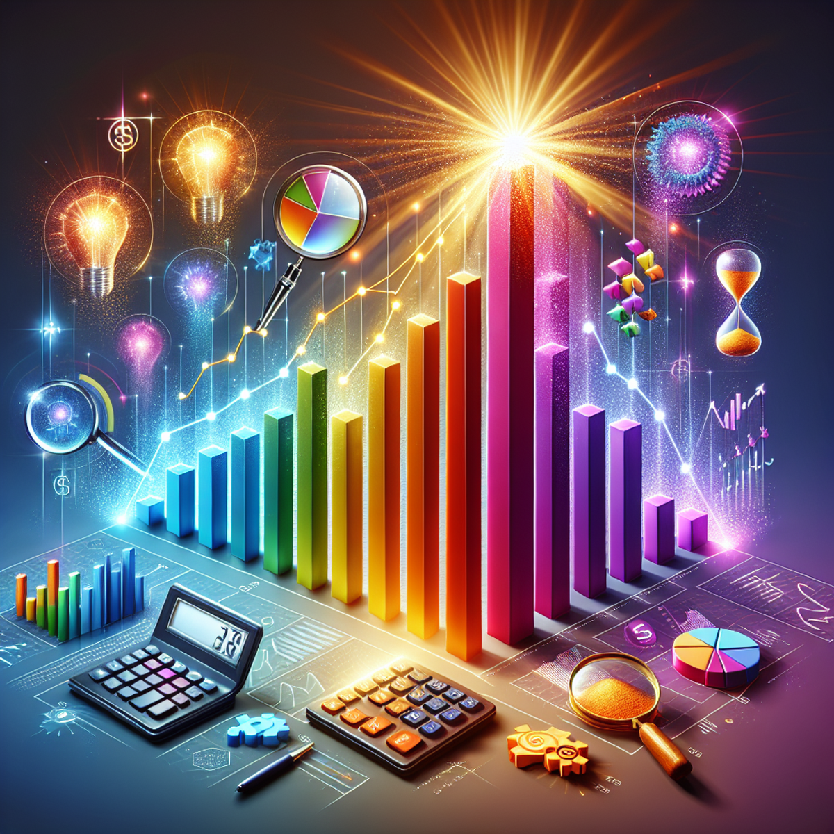 A vibrant, colorful bar chart with bars growing progressively taller from left to right, bursting with radiant light. Symbols of business elements like a calculator, magnifying glass, and hourglass are included around the chart.