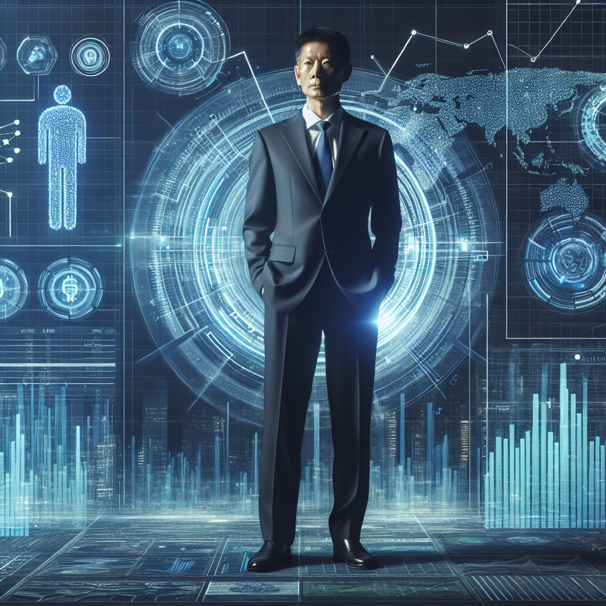 A confident East Asian man in a suit standing in front of a futuristic financial chart with high tech symbols and graphs.