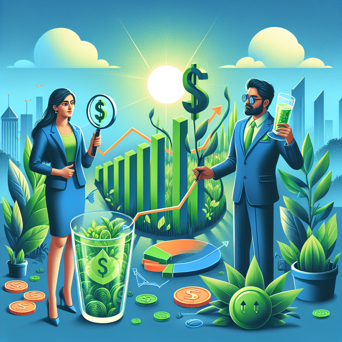 A South Asian woman examines a 3D holographic bar graph with a magnifying glass, while a Hispanic businessman raises his glass in celebration. A rising sun and lush money plant symbolize growing profits and assets in a finance-themed landscape colored in greens and blues.