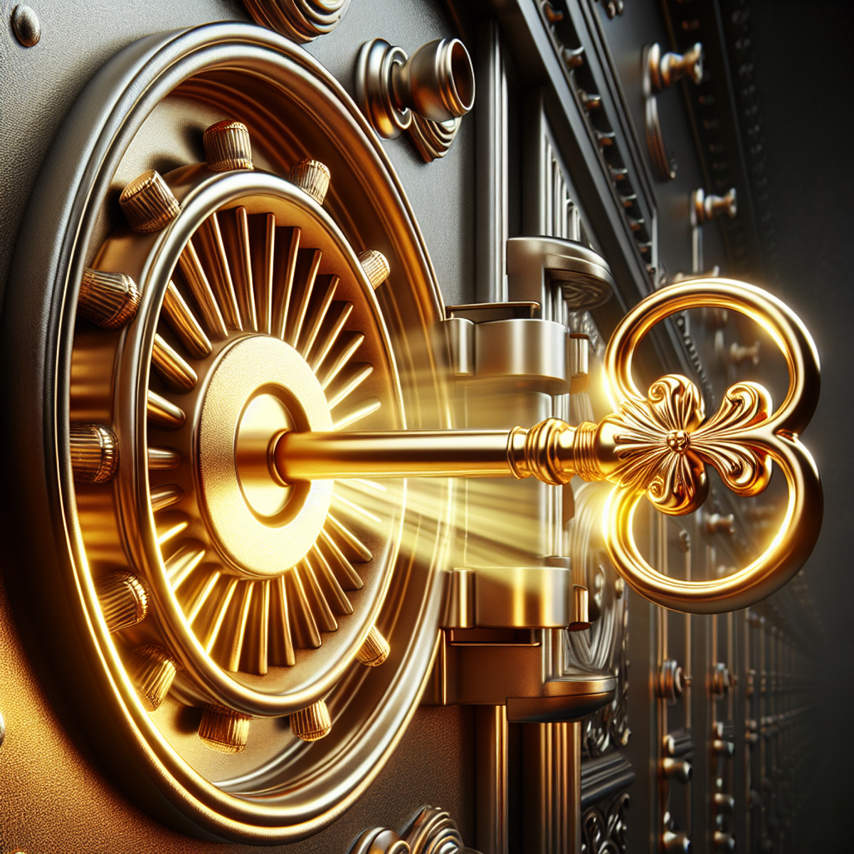 A close-up image of a golden key turning the lock of an ornate vault door, with a radiant light emanating from the opening door.