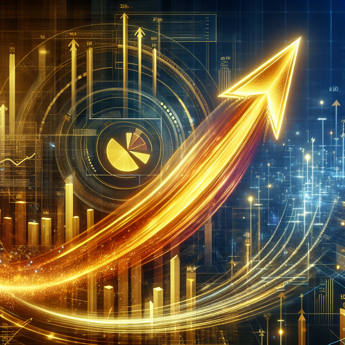 A golden arrow shooting upwards against a backdrop of financial charts and graphs.