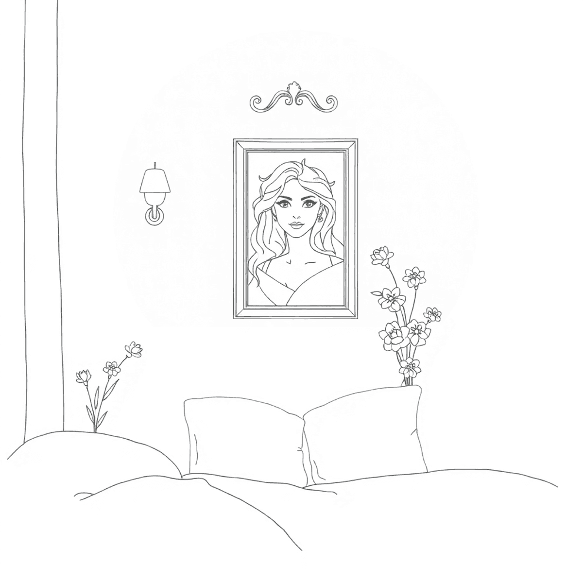 A one line drawing of an elegant boudoir scene with a framed portrait, soft lighting, and delicate floral elements, embodying self-expression and empowerment.