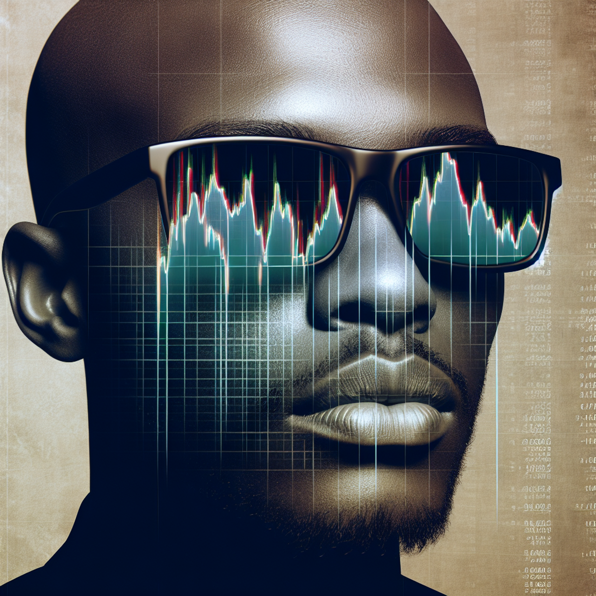 A person wearing sunglasses with a reflection of a stock market graph.