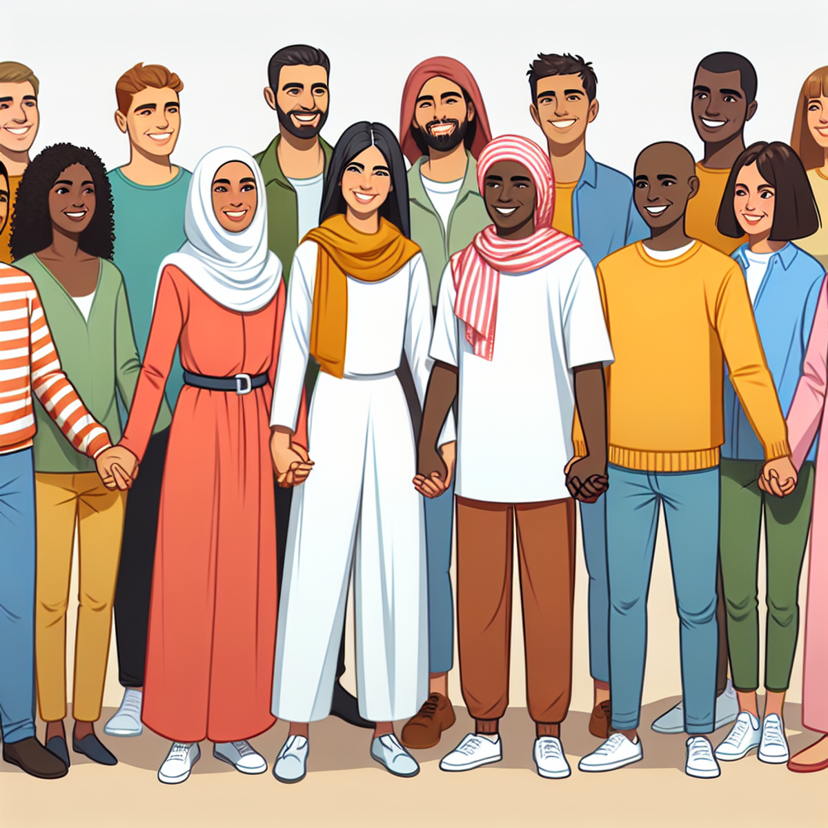 A diverse group of people from various ethnic backgrounds and genders stand together, holding hands and smiling in solidarity.