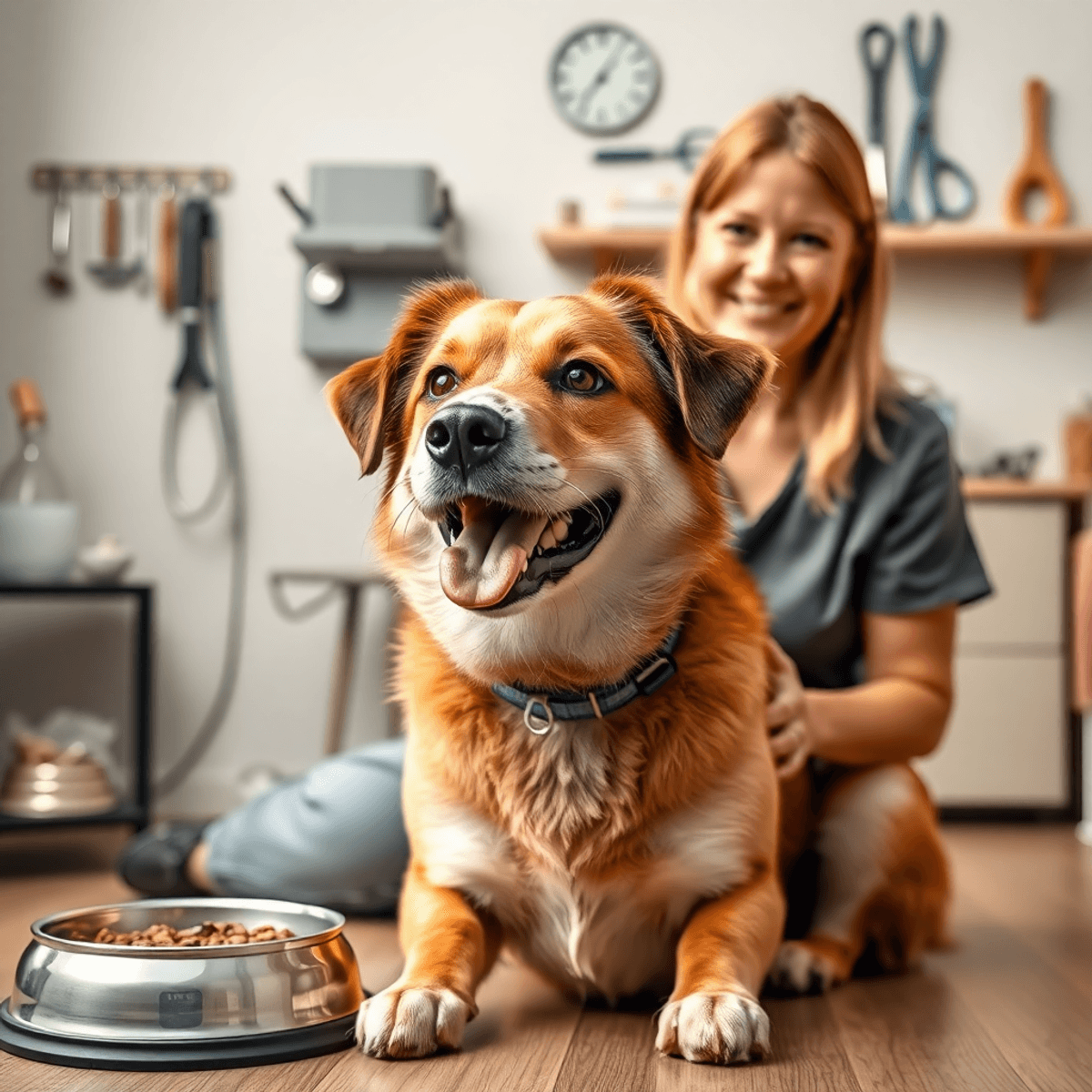 A happy dog receiving care in a cozy home, with a person gently examining it. The background features balanced food bowls and grooming tools, conveying warmth and responsibility.