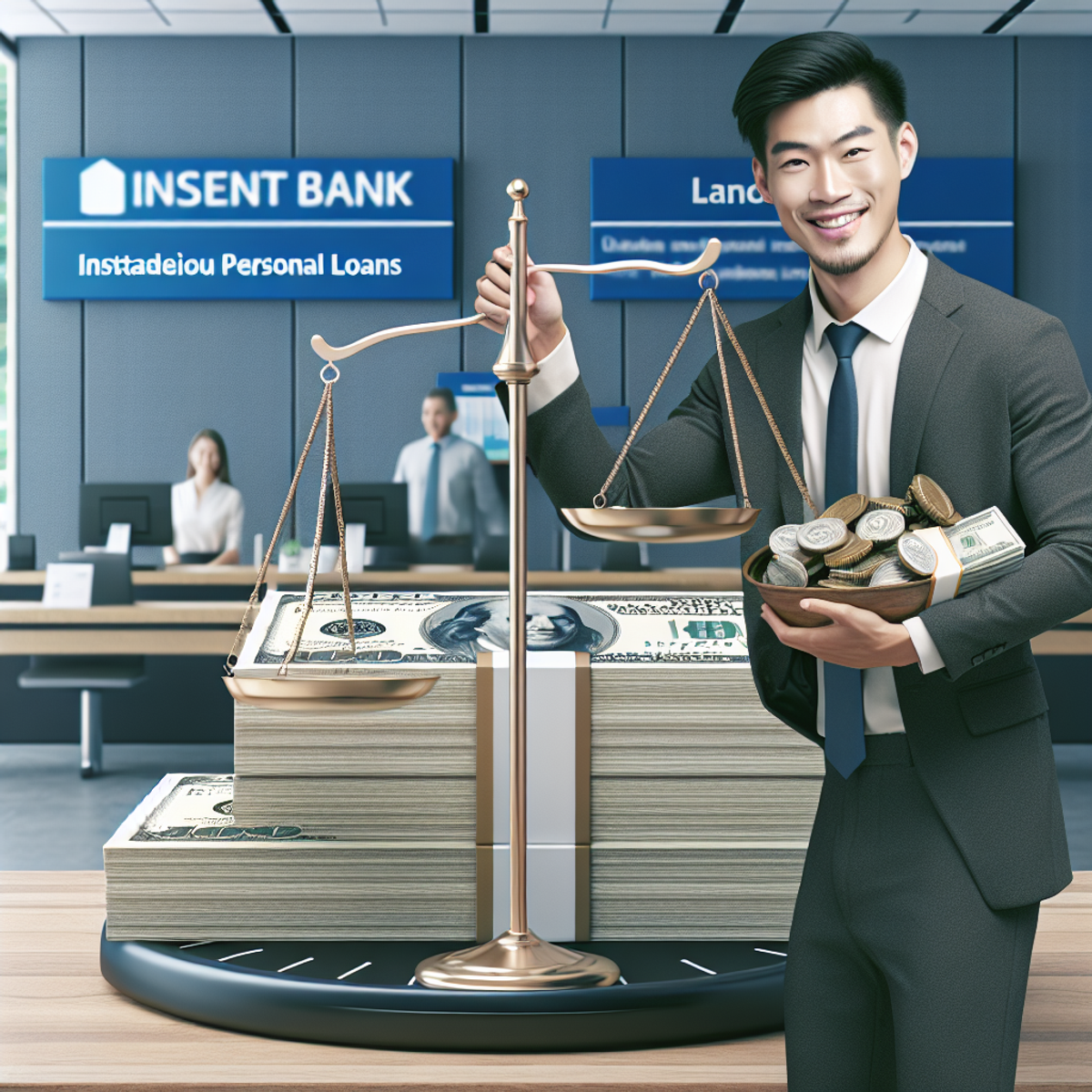 A man of East Asian descent smiles while holding a stack of money in a modern bank, symbolizing the benefits of personal loans.