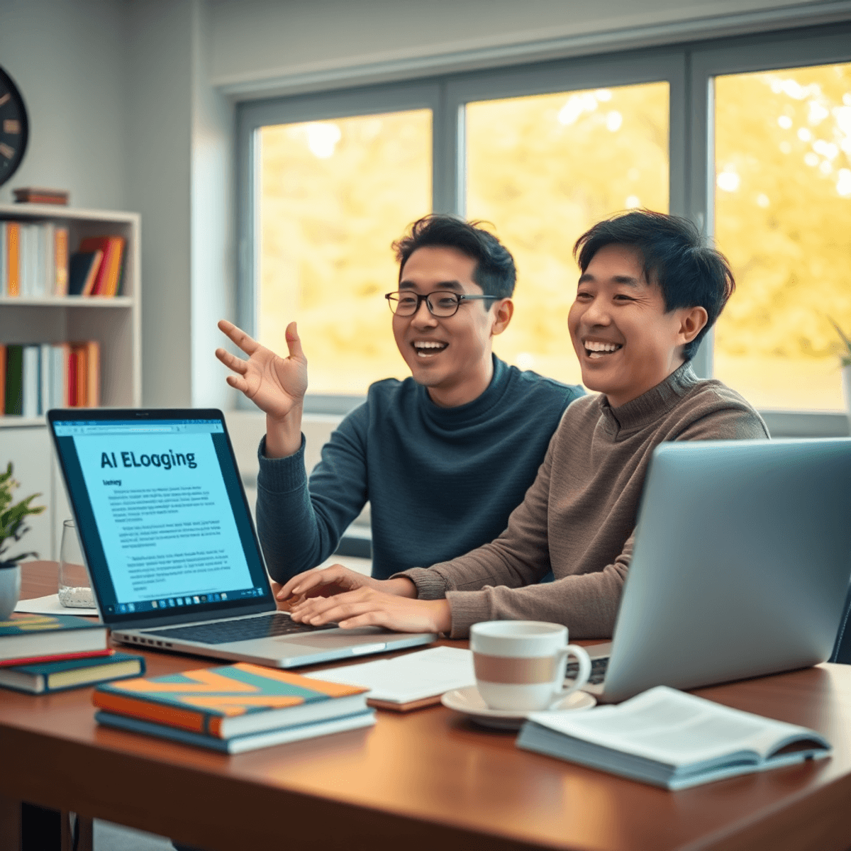 A blogger sitting at a bright desk, excitedly using a laptop with AI-generated content displayed. Nearby are books and a coffee cup, symbolizing creativity and productivity.