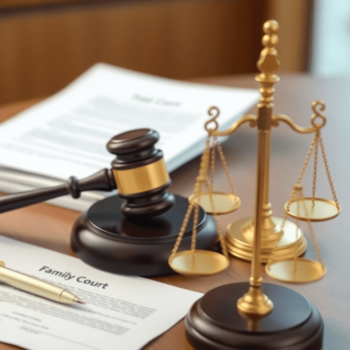 A gavel, legal documents, and a scale of justice in focus, set against a softly blurred background, symbolizing family law and child custody preparations.
