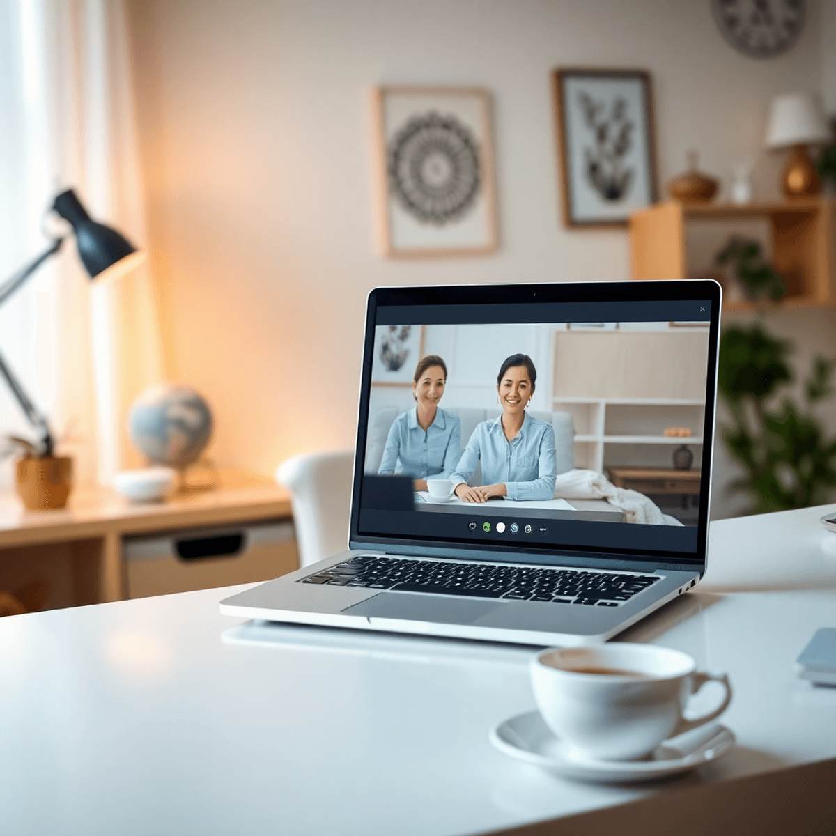 A cozy home office with a laptop showing a video call, soft lighting, calming decor, and a cup of coffee on the desk, creating a serene atmosphere.