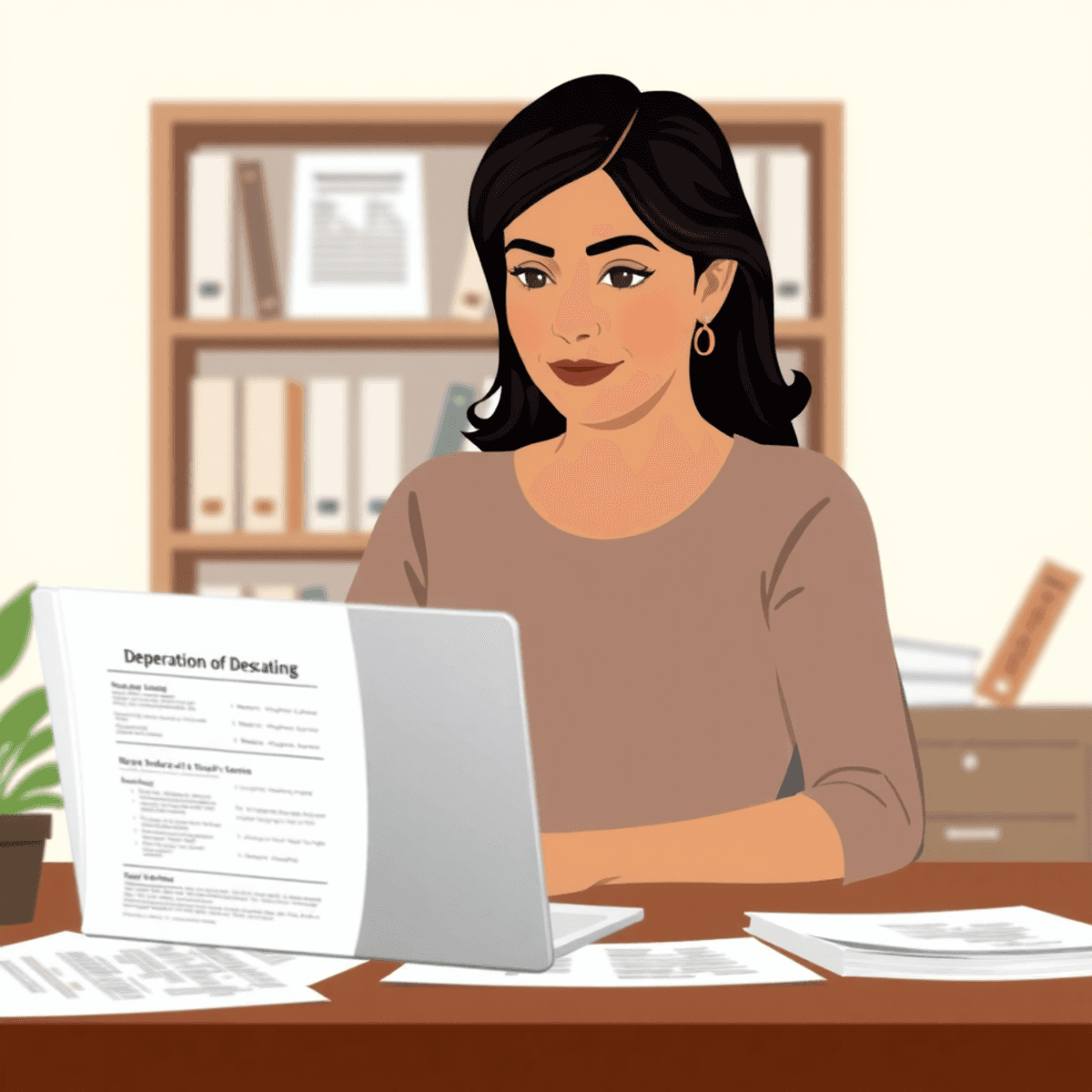 A focused individual sits at a desk with a laptop, surrounded by divorce documents, in a calming and organized space, symbolizing empowerment in self-representation.