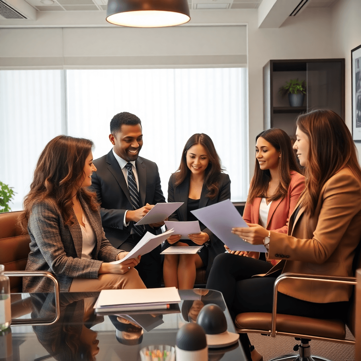 A group of family law attorneys in an office, collaborating over legal documents, exuding a warm and inviting atmosphere that conveys trust and expertise.