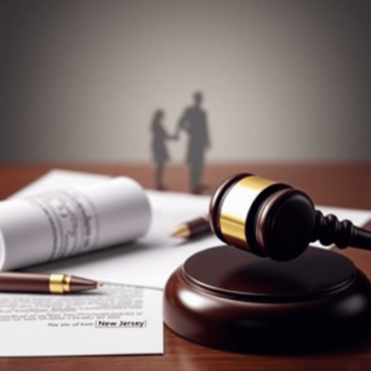 A gavel and legal documents on a desk, with a faint family silhouette in the background, symbolizing divorce and legal protection, conveying a serious yet hopeful tone.