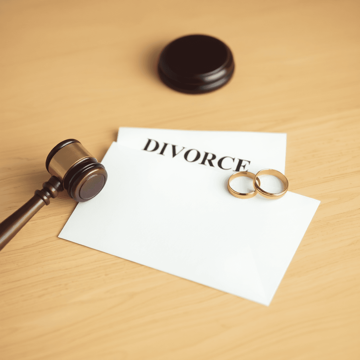 An envelope with legal documents on a wooden table, accompanied by a gavel and wedding rings, set against a soft, neutral background.
