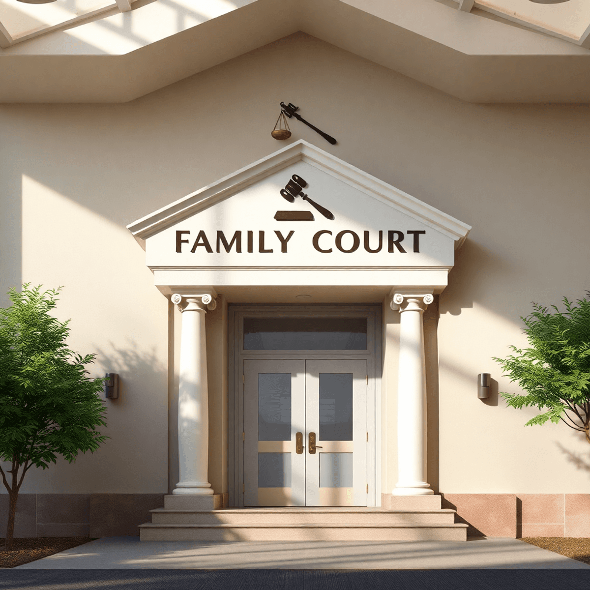 A family court building in New Jersey, adorned with justice symbols like a gavel and scales, illuminated by soft natural light, evoking hope and support for families.