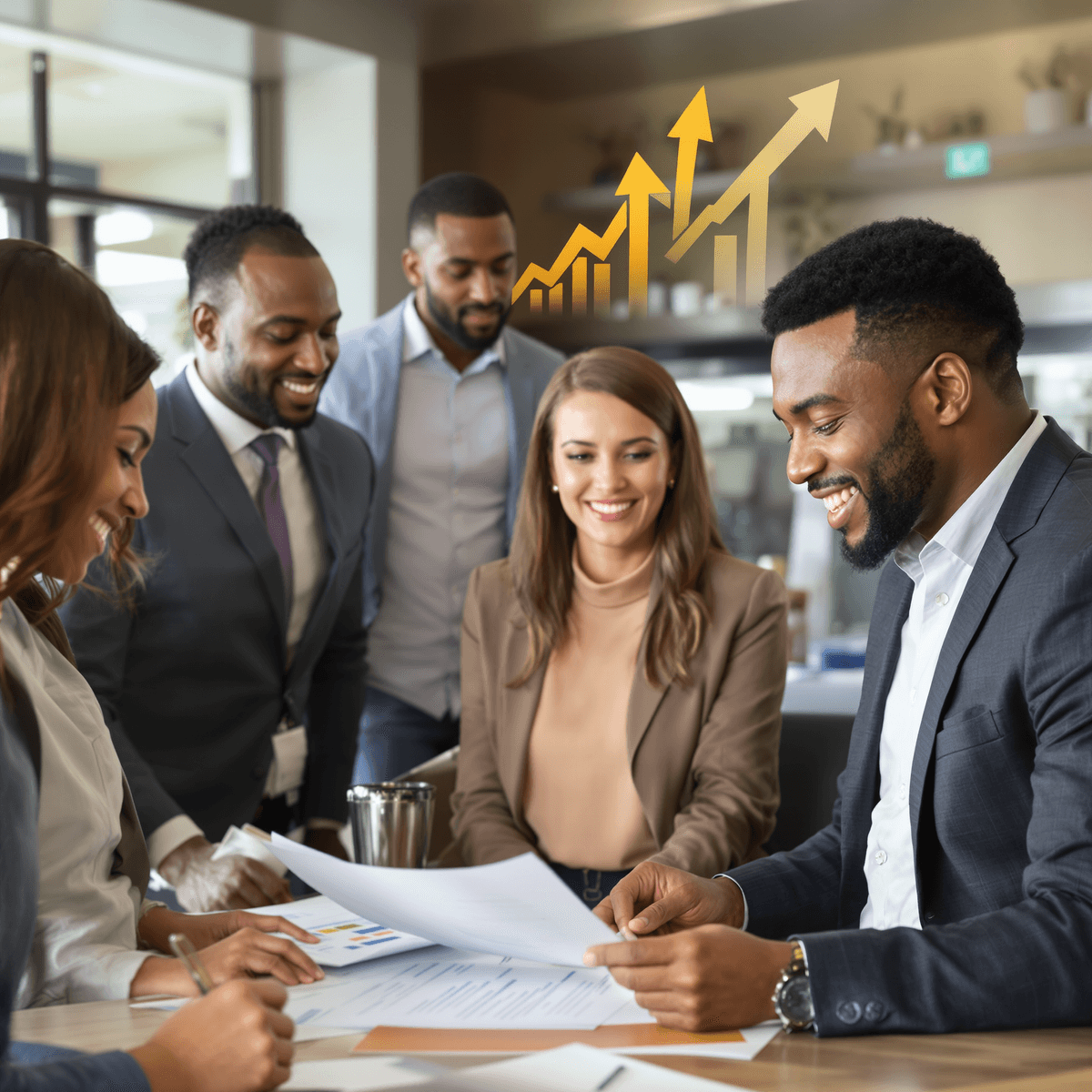 A group of professionals in a modern office reviewing financial documents with upward arrows and abstract shapes symbolizing growth and financial relief.