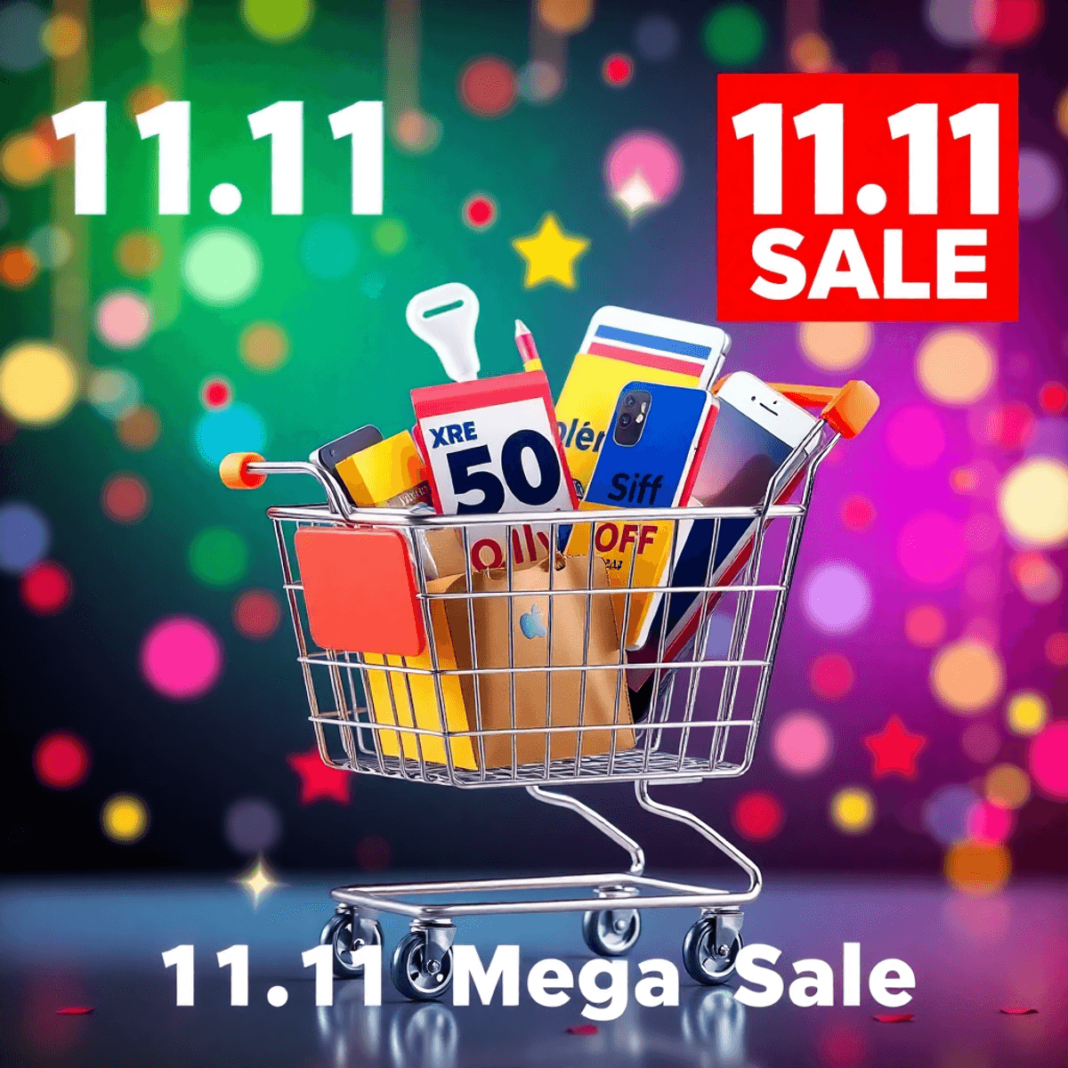 A colorful graphic of a shopping cart brimming with digital marketing tools, adorned with a "50% Off" tag and festive elements for the 11.11 Mega Sale.