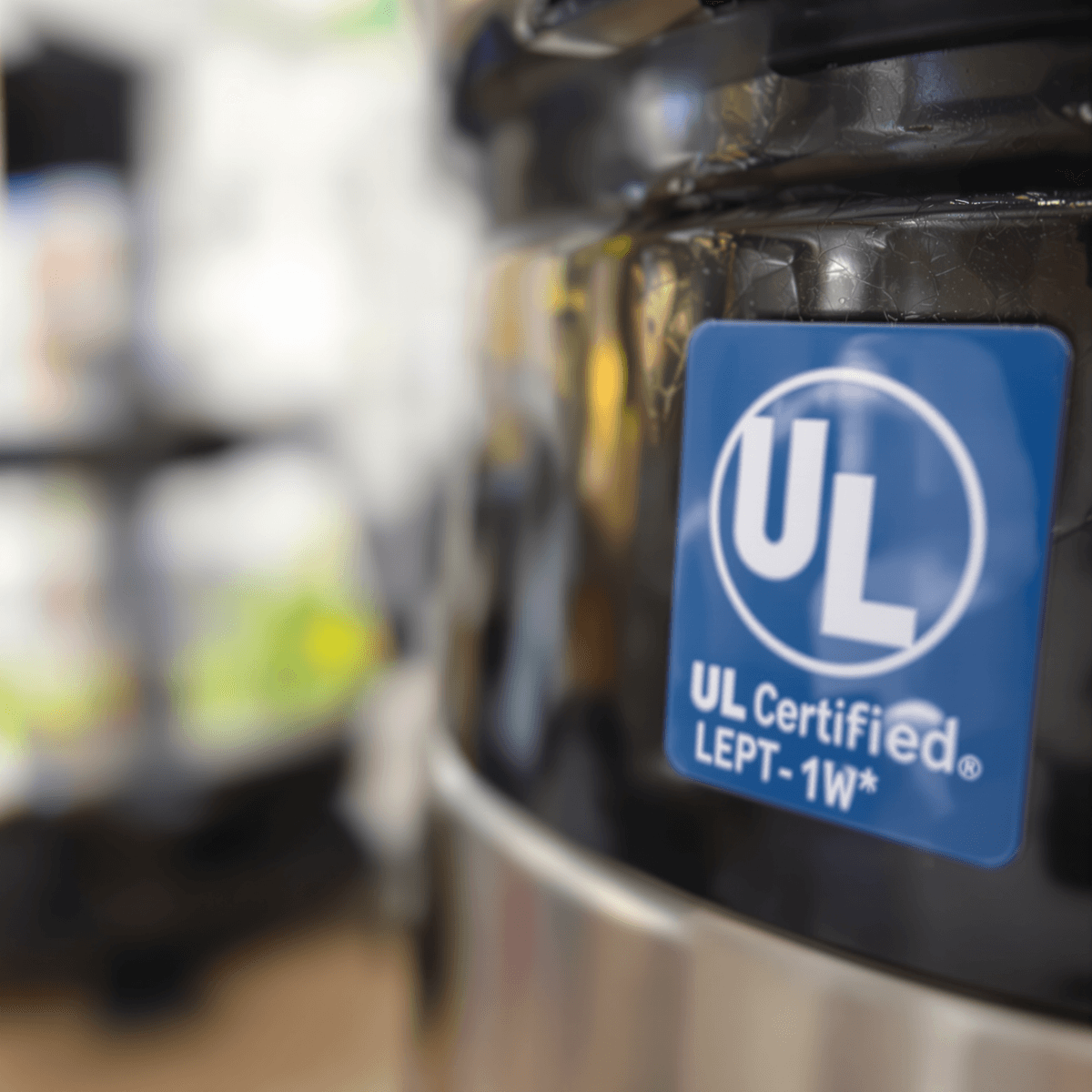 Close-up of a UL certification mark on a product, set against a bright, clean background, emphasizing safety and trustworthiness in consumer goods.