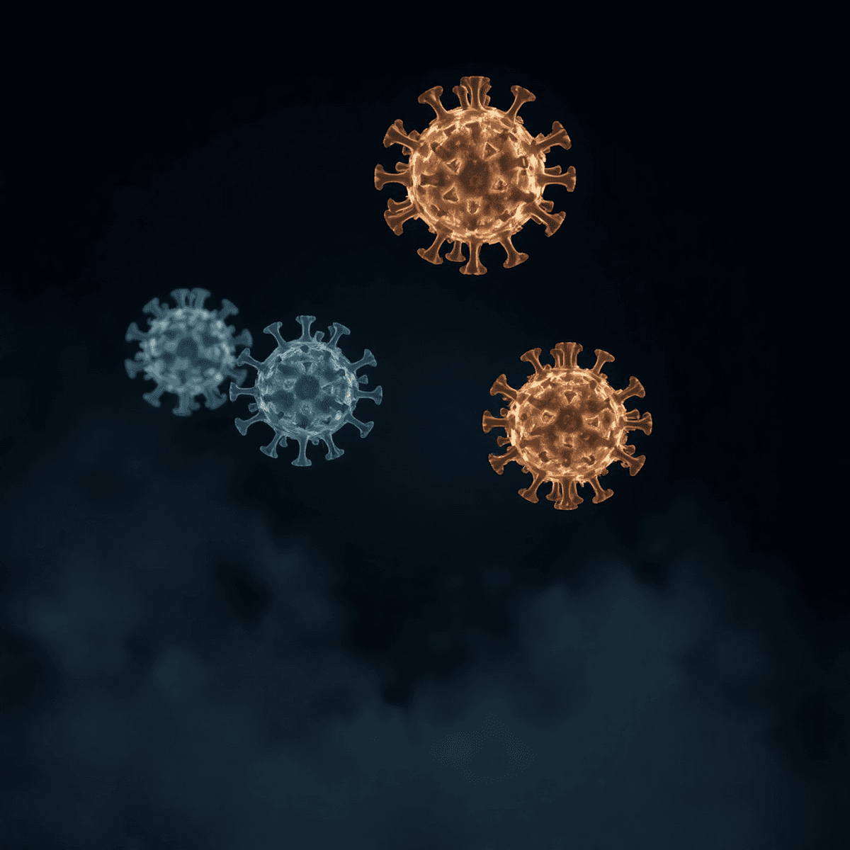 Microscopic virus particles glowing in dark space with silhouettes of older adults and medical symbols, illustrating the seers pandemic viral threat and public health response.