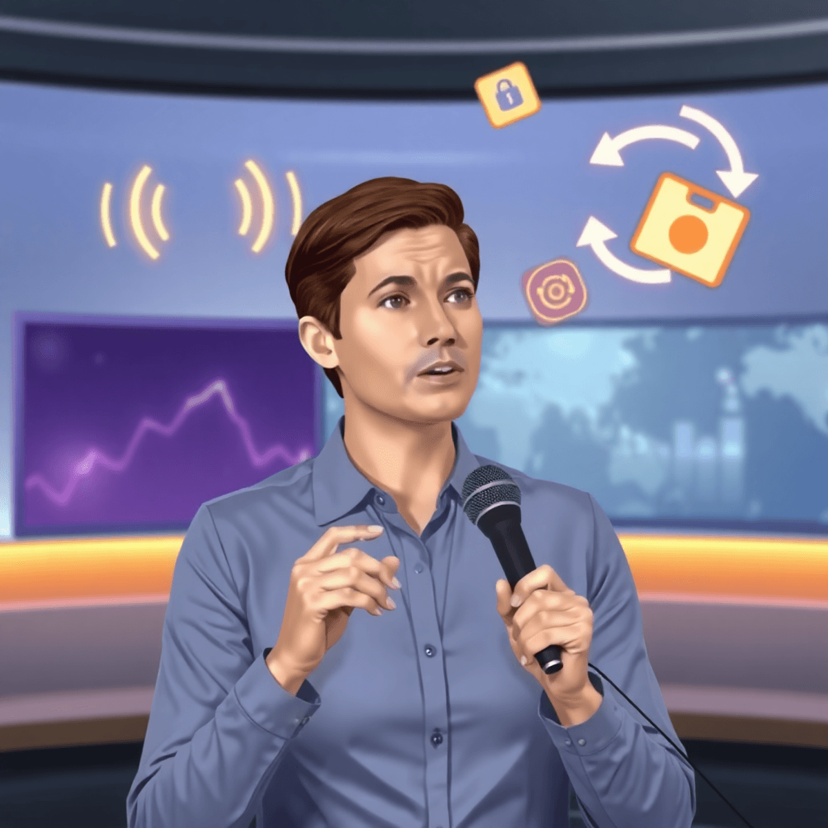 A confident news anchor speaking into a microphone in a studio with glowing sound waves, broadcast icons, and emergency preparedness items in the background.