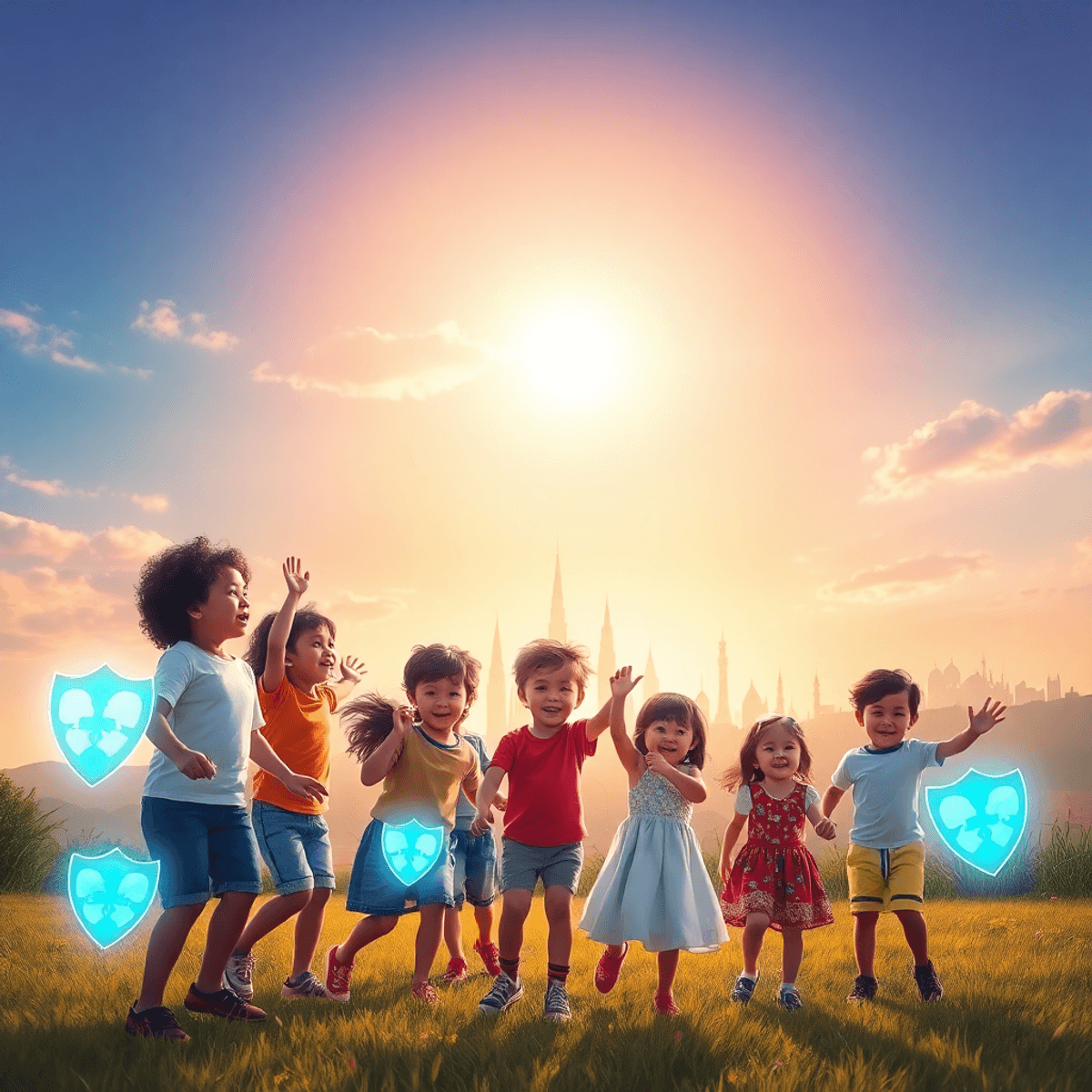 Children playing outdoors under a bright sky with glowing protective elements and global landmarks in the background symbolizing health and unity.