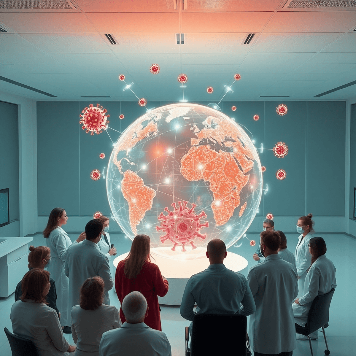Scientists and health experts around a glowing digital globe with interconnected nodes and virus shapes in a modern high-tech lab discussing about the seers pandemic 2025.