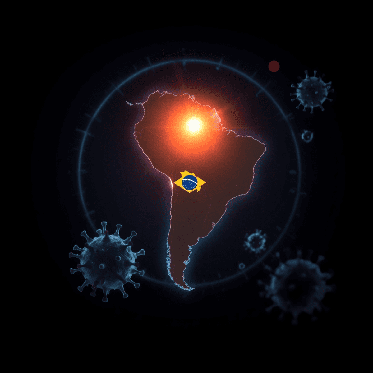 Stylized South America map with glowing Brazil, surrounded by virus particles and digital data streams on a dark background symbolizing pandemic origin.