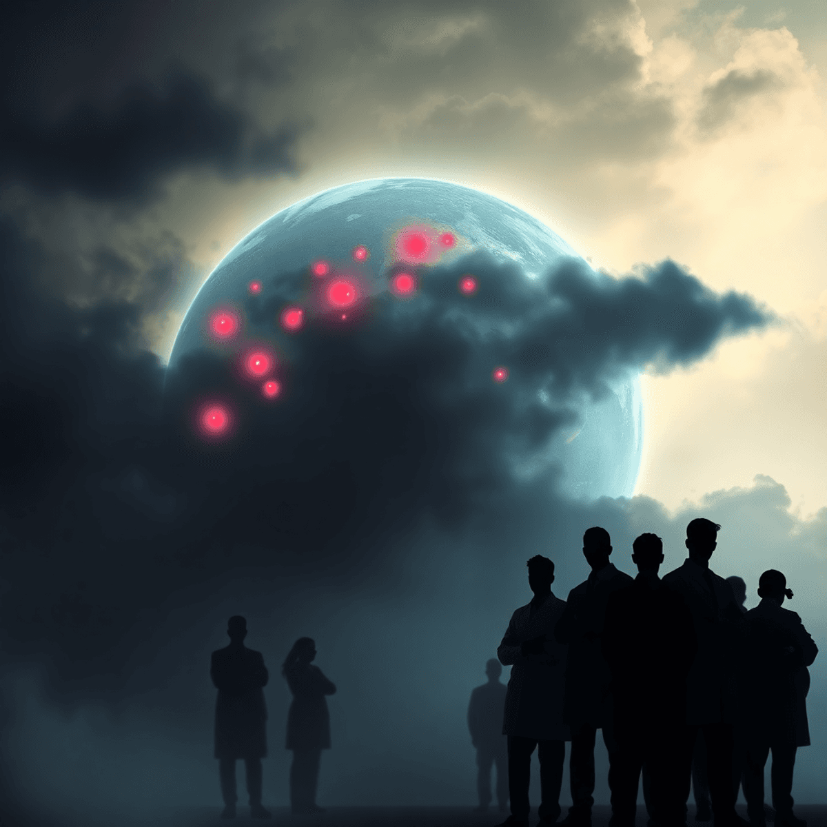 Abstract globe with dark clouds and red spots, surrounded by silhouettes of healthcare workers, symbolizing a global health crisis and unified response against the seers pandemic 2025.