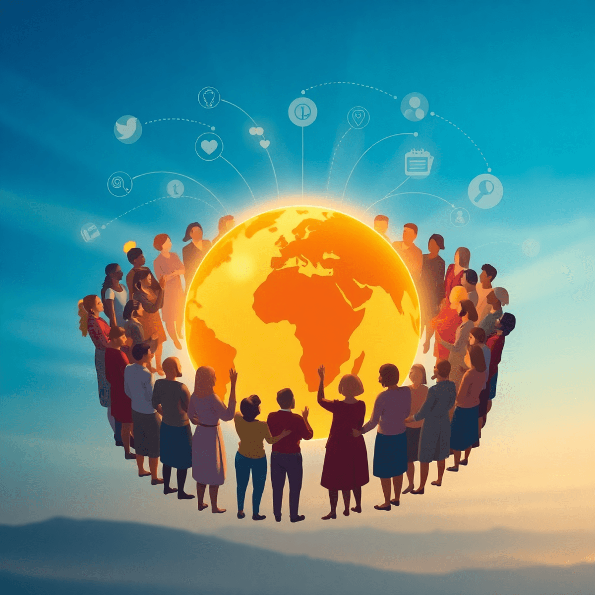 A group of people collaborating around a glowing globe with interconnected lines and icons, under a calm blue sky with rays of light symbolizing hope.
