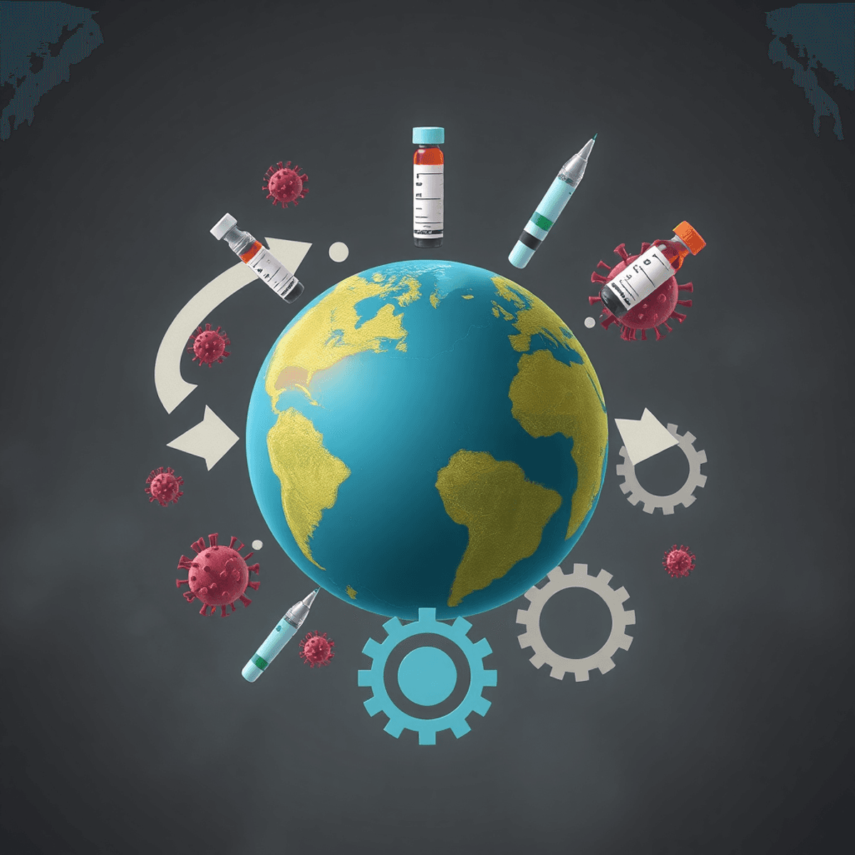 Globe surrounded by abstract viruses and vaccine vials, with arrows and gears symbolizing business and global health efforts, set against a muted, urgent background.