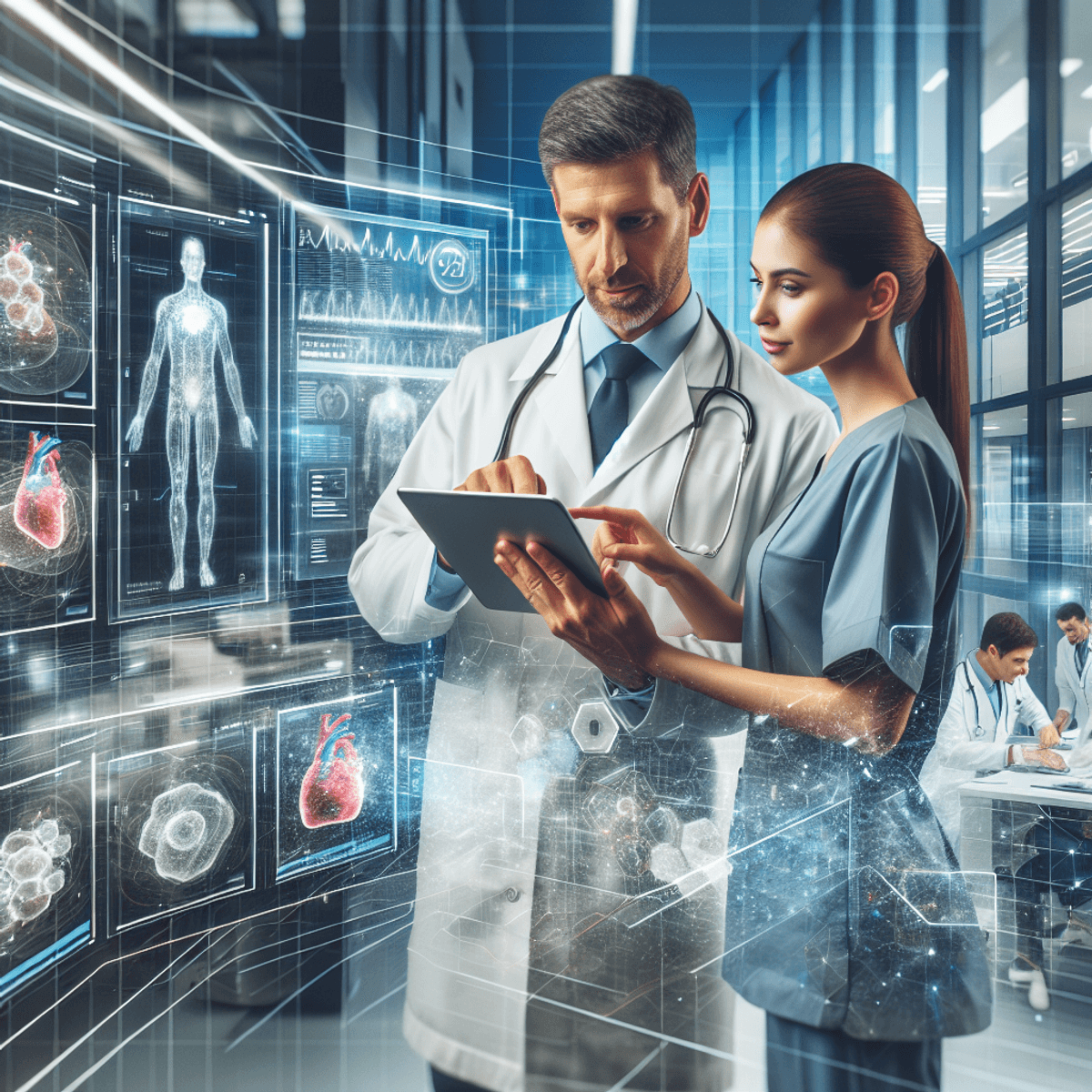 A Caucasian male doctor and an Asian female nurse, both dressed in professional medical uniforms, are engaged in a collaborative discussion while looking at a digital tablet. The tablet displays abstract representations of medical data, symbolizing the integration of artificial intelligence in healthcare. They are situated in a well-lit, modern hospital environment featuring advanced medical equipment and digital screens in the background, highlighting a dynamic and innovative atmosphere.