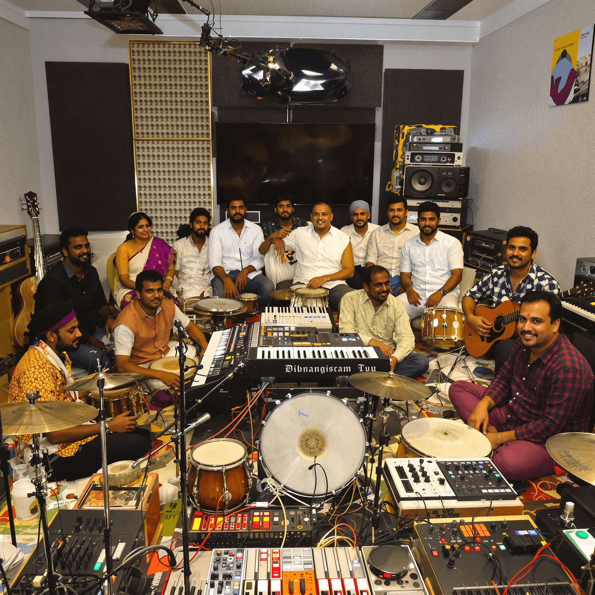 Musicians and producers collaborate in a vibrant studio filled with traditional instruments and modern recording equipment, blending cultural heritage with music innovation.
