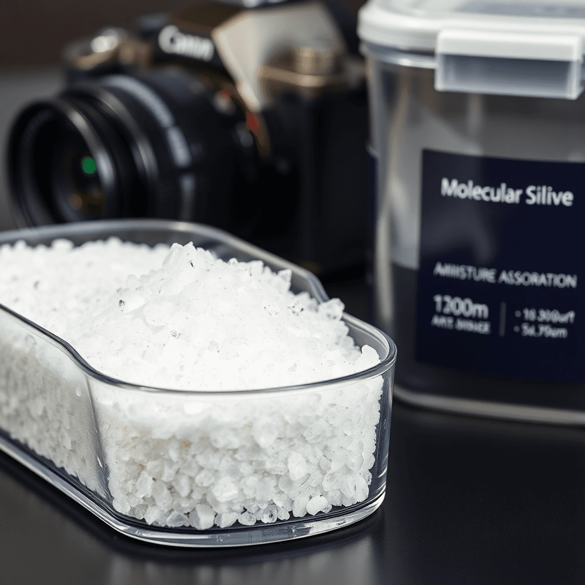 Top 10 moisture absorbing material for storing my lenses Close-up of molecular sieves in a clear container, showcasing their crystalline structure, with a camera and air-tight storage container blurred in the background.