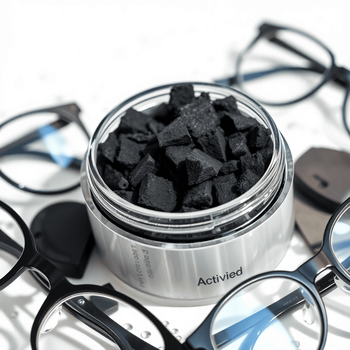 Top 10 moisture absorbing material for storing my lenses Close-up of activated charcoal in a stylish container, surrounded by clean eyeglasses and contact lens cases, set against a bright background with moisture droplets.