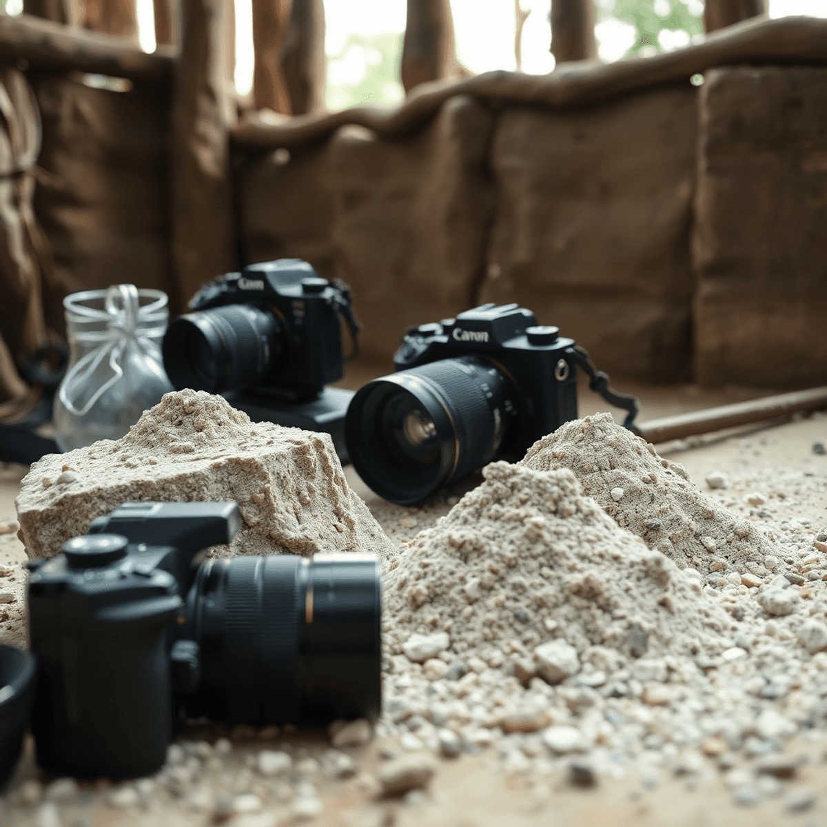 Top 10 moisture absorbing material for storing my lenses Bentonite clay desiccants in a rustic setting, surrounded by earthy tones and textures, with camera equipment nearby, showcasing natural and eco-friendly qualities.