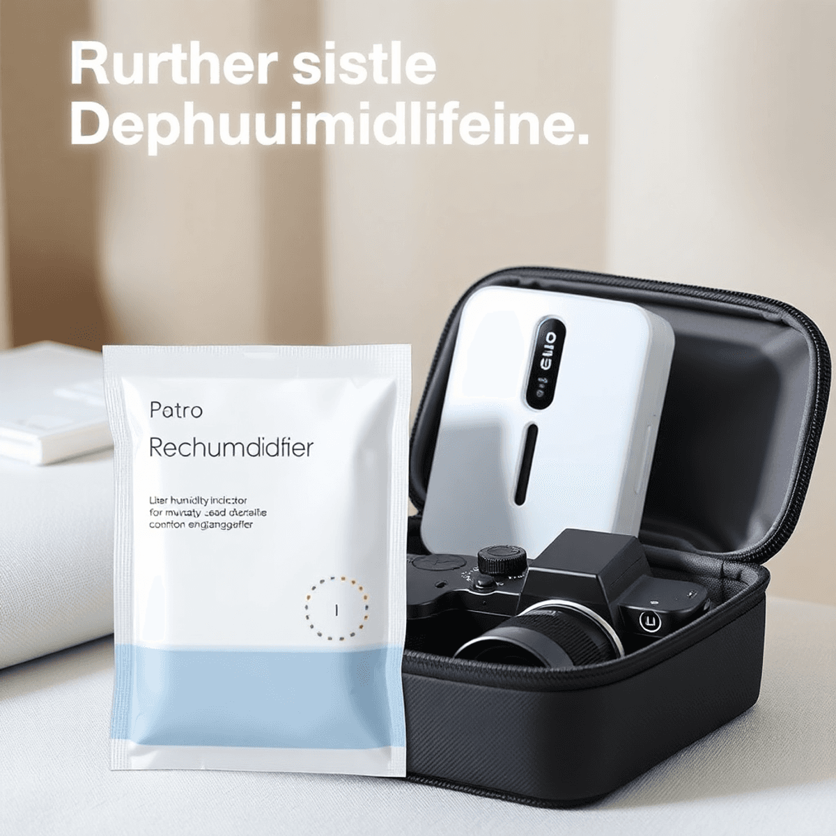 Top 10 moisture absorbing material for storing my lenses A modern rechargeable dehumidifier packet beside a camera in a stylish case, featuring a clear humidity indicator against a soft, neutral-toned background.