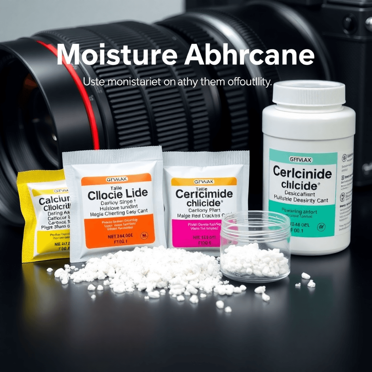 Top 10 moisture absorbing material for storing my lenses Small packets and containers of calcium chloride desiccant in a vibrant setting, with camera equipment and subtle water droplets in the background, emphasizing moisture absorption.
