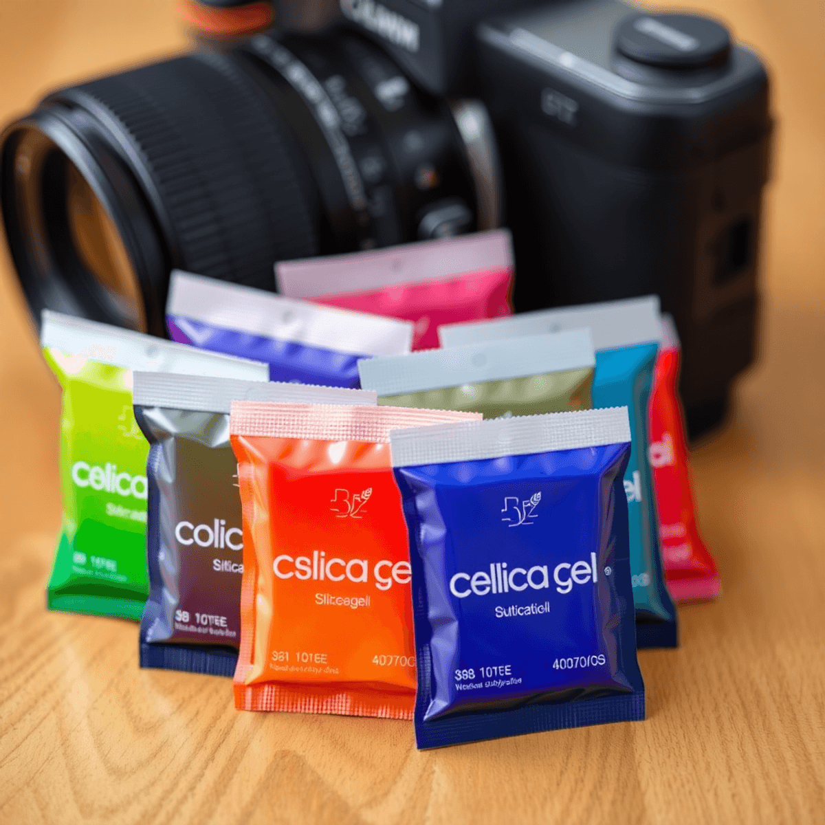 Top 10 moisture absorbing material for storing my lenses Close-up of colorful silica gel packets, some indicating saturation, beside a camera and lens on a wooden surface with a softly blurred background.