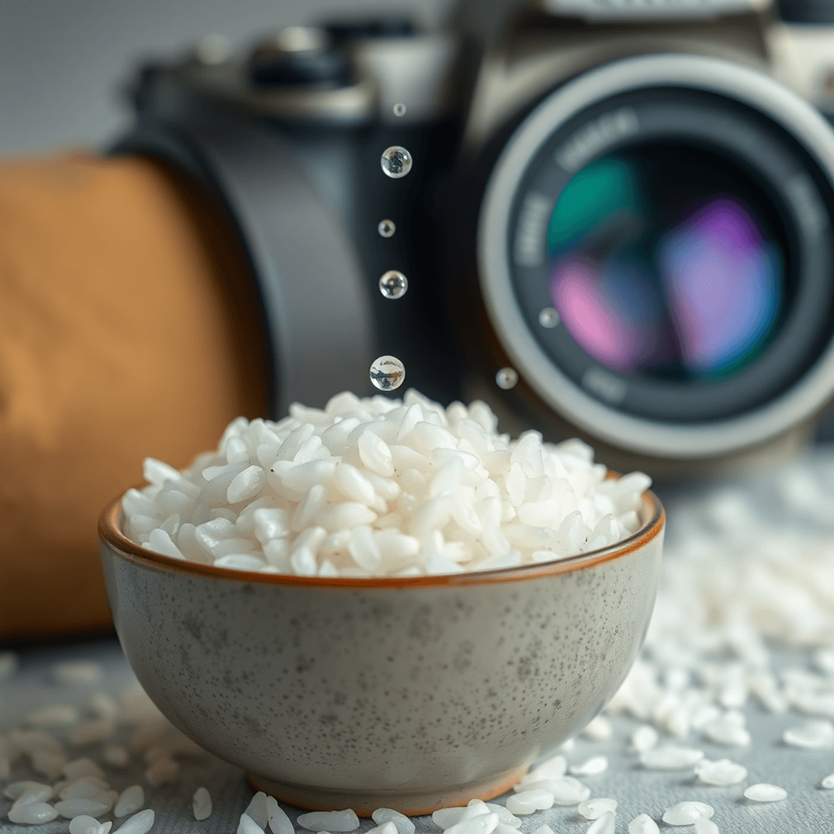 Top 10 moisture absorbing material for storing my lenses A close-up of a bowl of uncooked rice beside a camera and lens, with moisture droplets on the camera, against a softly blurred background.