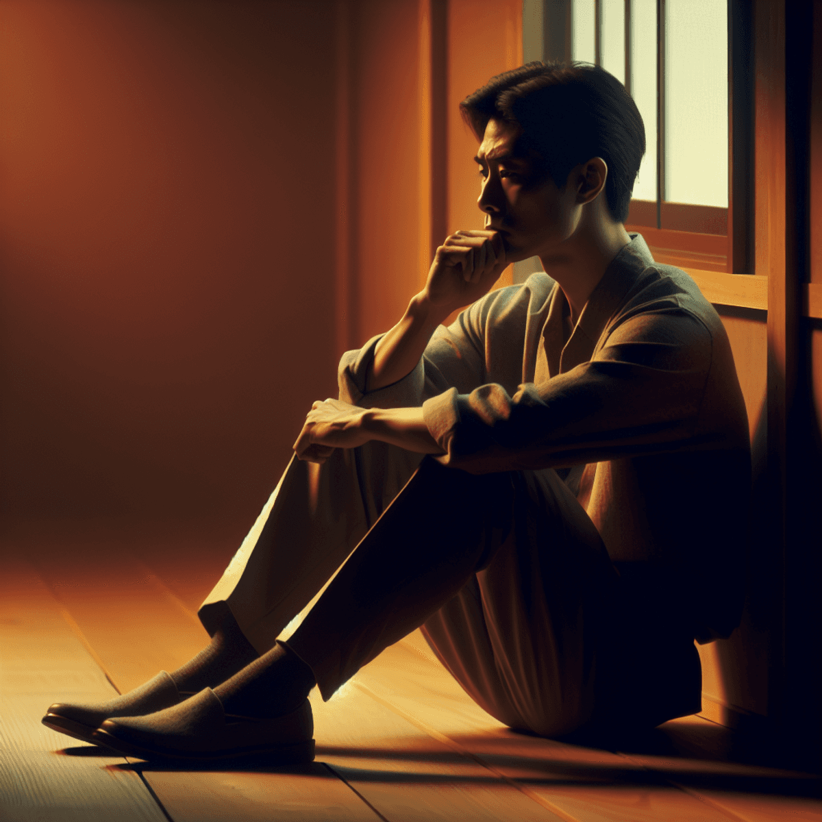 A pensive Asian individual sits by a window in a cozy room, bathed in warm, soft light. Their expression conveys deep contemplation as they gaze outside. The interior features gentle hues of amber and gold, with comfortable furnishings like a plush chair and a small table adorned with a steaming cup of tea. A few scattered books and a plant add to the tranquil atmosphere, highlighting themes of comfort and solitude while suggesting introspection.