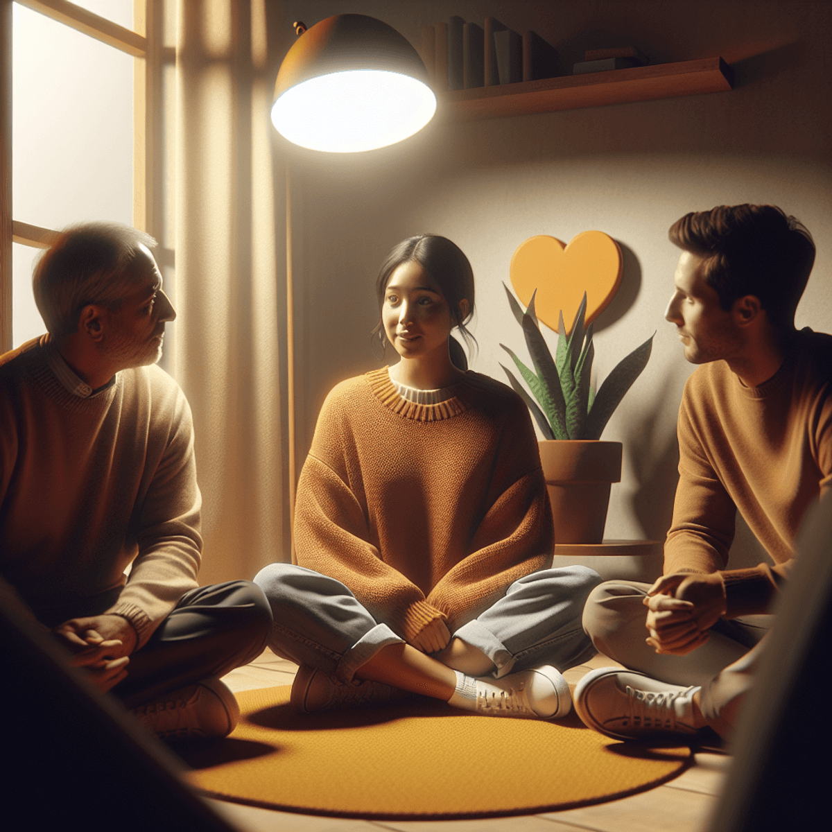 A Caucasian male, an Hispanic female, and an Asian male sit together in a supportive circle, engaged in a quiet conversation about mental health. The cozy environment is softly illuminated, creating a warm glow around them. In the background, a small thriving plant and a heart-shaped object symbolize hope and healing, enhancing the atmosphere of empathy and understanding.