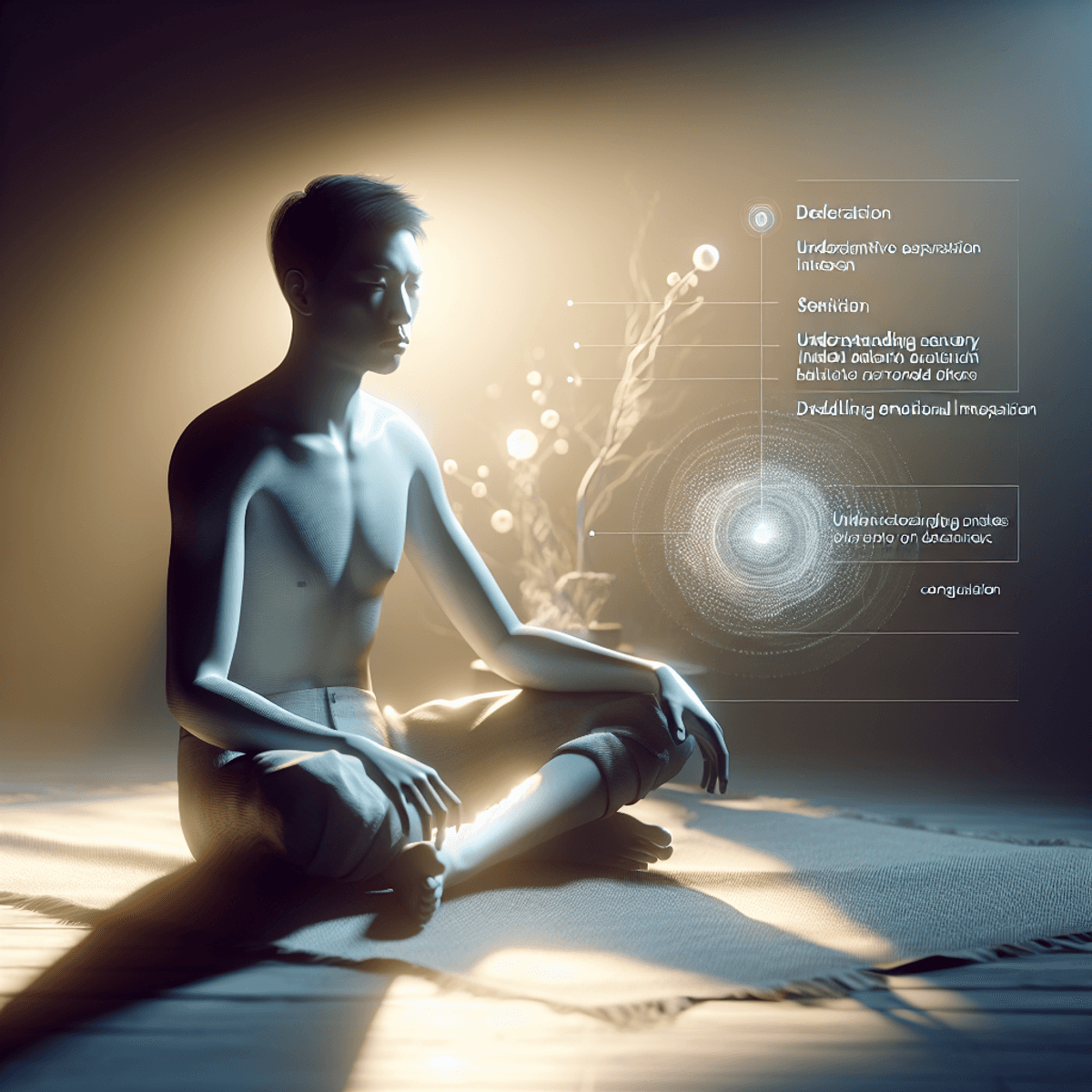 A contemplative Asian individual sitting beside themselves in a softly lit room, surrounded by gentle textures. The scene conveys emotional awareness and sensitivity, with symbolic elements representing understanding sensory input and emotional distress.