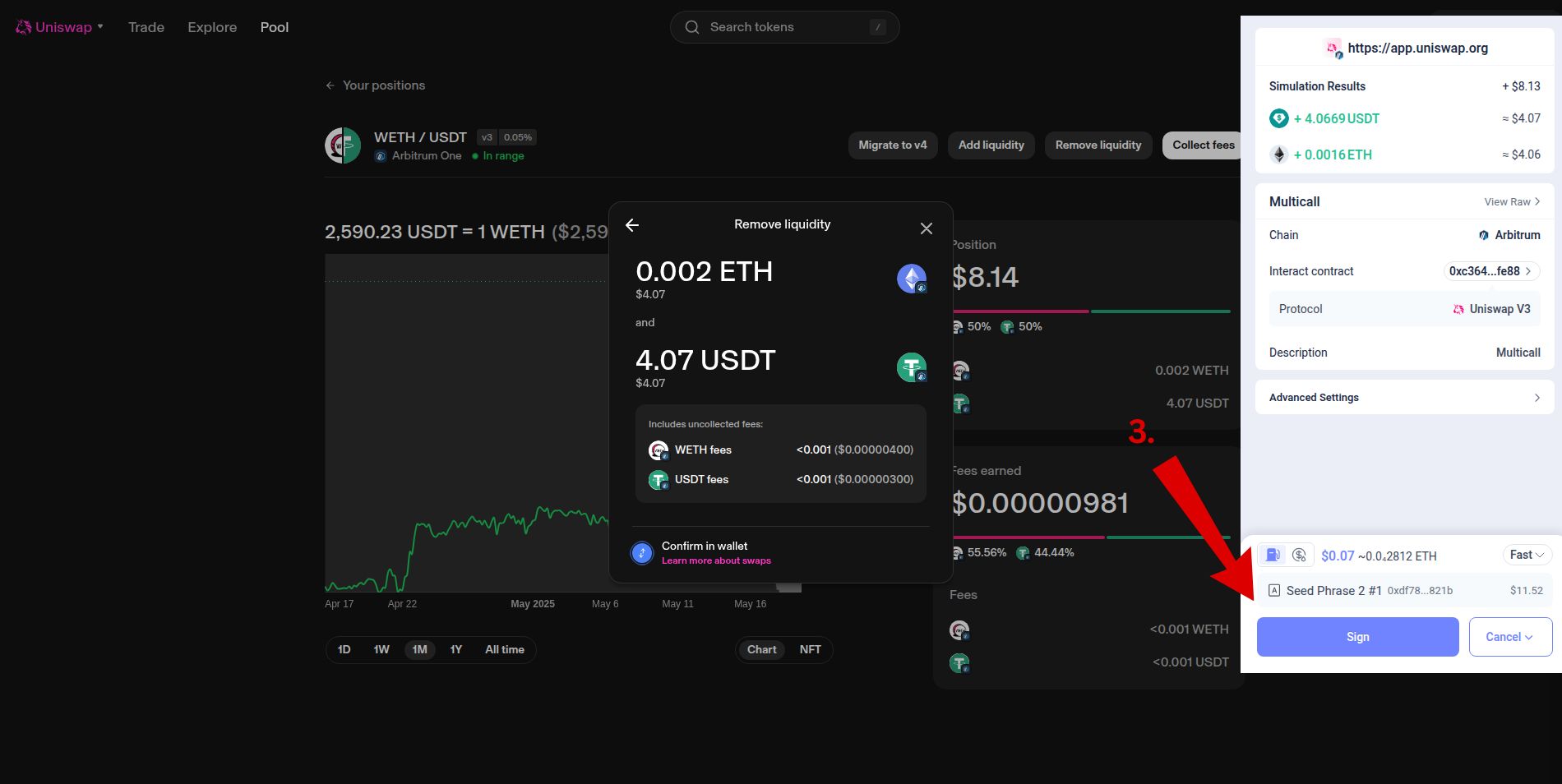Rabby wallet popup showing final confirmation to remove liquidity and claim rewards from Uniswap V3 LP position.
