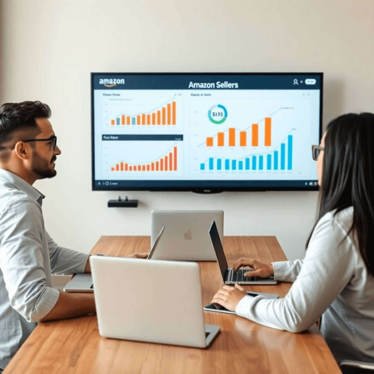 A group of three sellers collaborating at a table with open laptops, surrounded by charts and graphs on a screen, highlighting teamwork in an entrepreneurial environment.