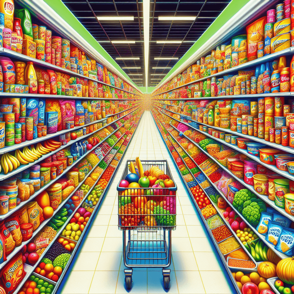 A vibrant grocery store aisle filled with shelves overflowing with colorful ultra-processed food products like snacks, sugary cereals, and ready-to-eat meals. A shopping cart is positioned towards the front, symbolizing convenience. In the background, a section of fresh fruits and vegetables contrasts with the processed items, emphasizing the importance of whole foods in our diet.