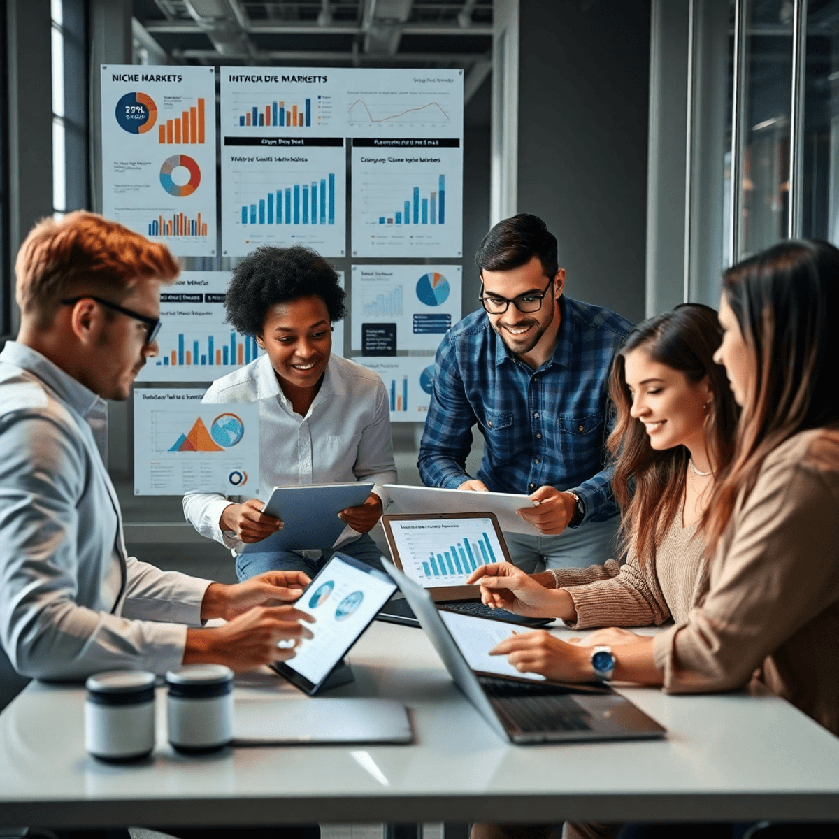 A diverse group of marketers collaborating in a modern office, analyzing data on laptops and tablets, surrounded by vibrant charts and graphs illustrating market research.