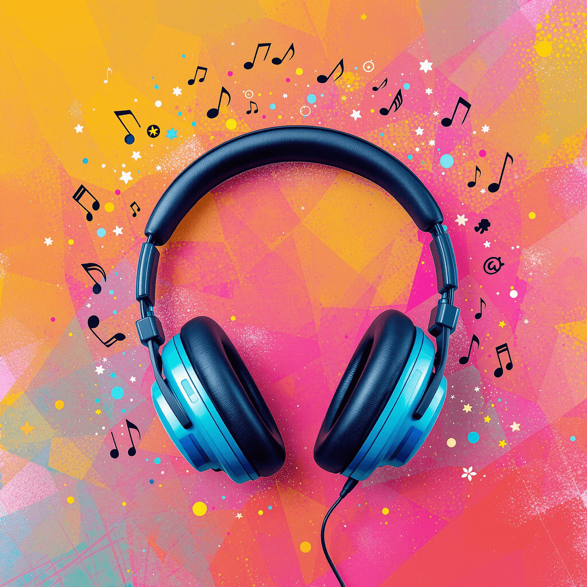 A pair of headphones surrounded by colorful musical notes and symbols, set against a vibrant background, conveying joy and relaxation through music.